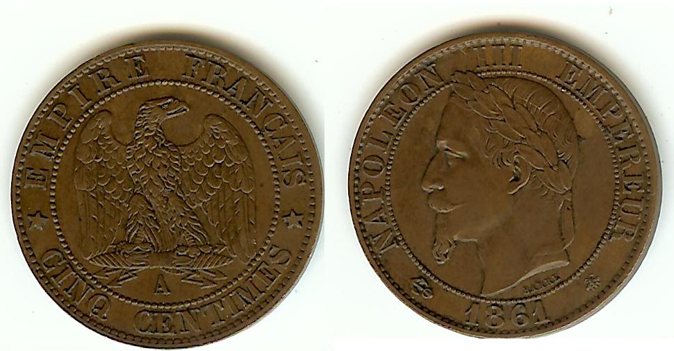 Cinq centimes Napoléon III, tête laurée 1861 Paris SUP+